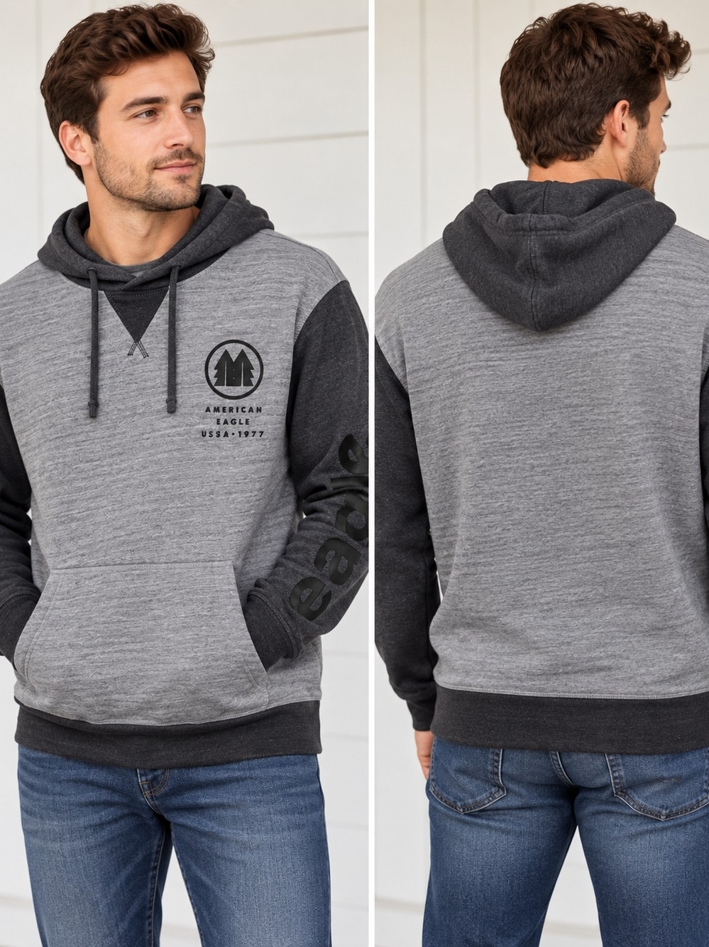 American Eagle Outfitters Gray Two-Tone Hooded Pullover Sweatshirt